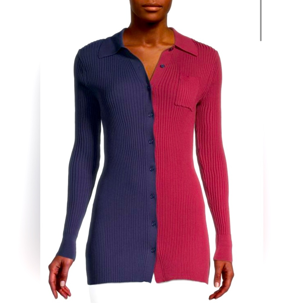 Staud Top Colorblock Ribbed Knit Shirt | Navy & Brick Red NTW